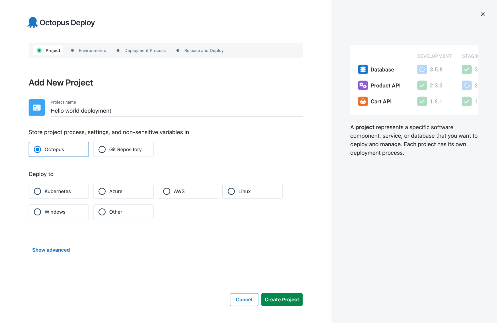 Add new project screen