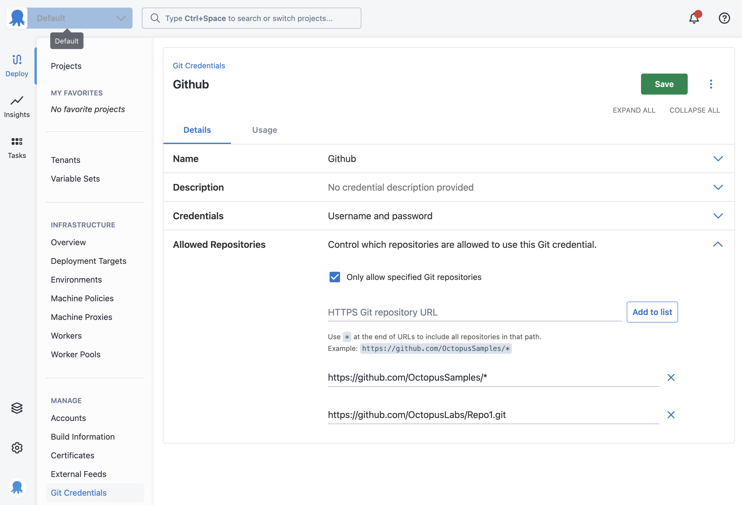 The Git credentials area of Octopus Deploy