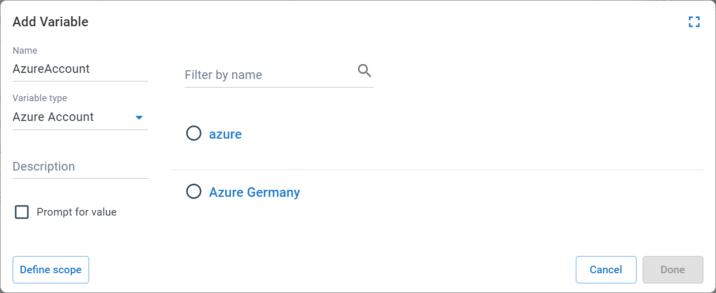 Azure account variable selection