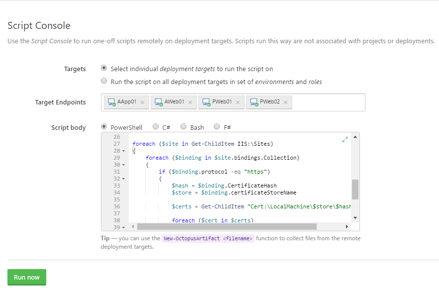 Running the IIS SHA1 binding detection in the Octopus script console